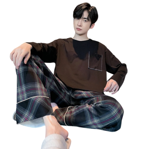 Pijama de hombre de manga larga y pantalones a cuadros O cuello Poliéster Spandex Pijama marrón cómodo con bolsillo