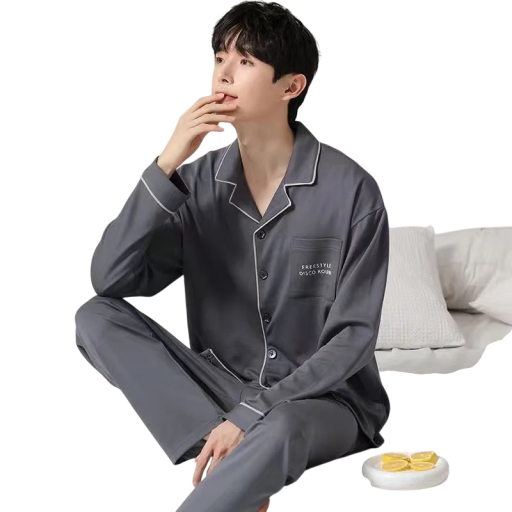 Pijama de hombre de manga larga y pantalones con cuello y cierre de botones de poliéster, pijama gris oscuro con bolsillo