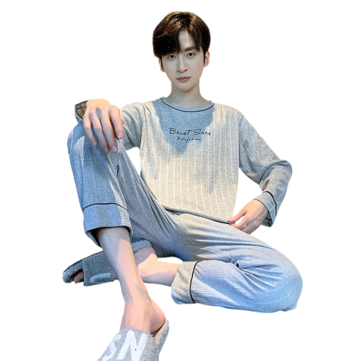 Pijama de hombre de manga larga y pantalones O cuello Poliéster Spandex Pijama gris cómodo con un discreto mensaje