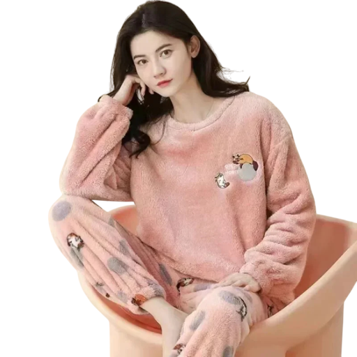 Pijama de invierno de felpa cálido para mujer con camiseta de manga larga y pantalones de poliéster suave y spandex Color rosa Conjunto cálido