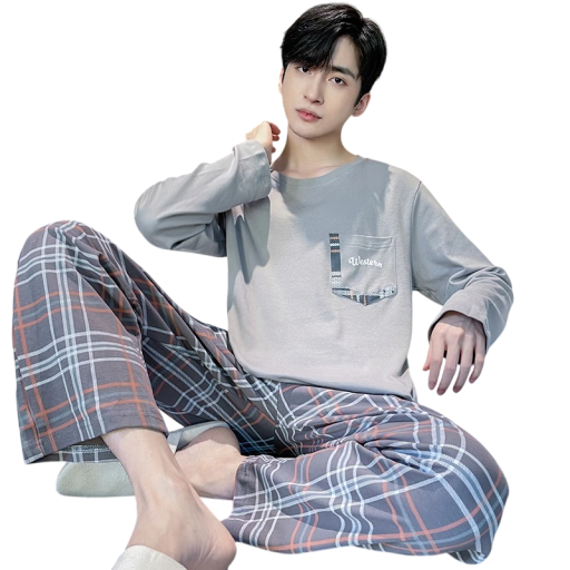 Pijama masculino de manga longa e calças xadrez O decote Polyester Spandex Pijama cinza com inscrição western no bolso