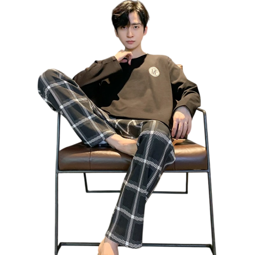 Pijama masculino de manga longa e calças xadrez O decote Polyester Spandex Pijama preto com logótipo no peito