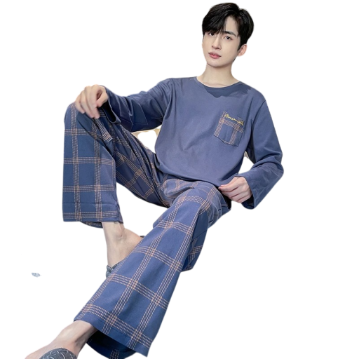 Pijama masculino de mangas longas e calças xadrez O decote Poliéster Spandex Azul pijama confortável com bolso