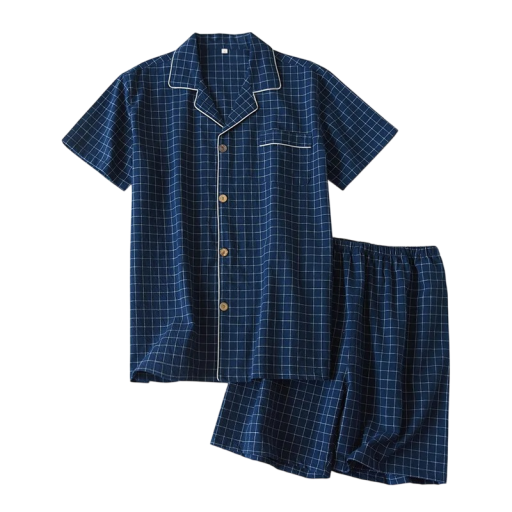 Pijamale pentru bărbați cu croială de cămașă, mânecă scurtă și pantaloni scurți, model cu carouri, din bumbac, pentru purtare acasă și somn