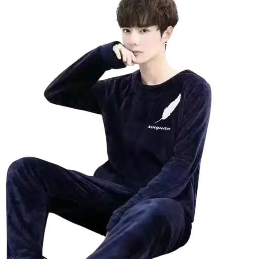 Pijamale pentru bărbați din flanel lung cu material moale și călduros cu imprimeu pe piept croială liberă îmbrăcăminte de casă pentru somn