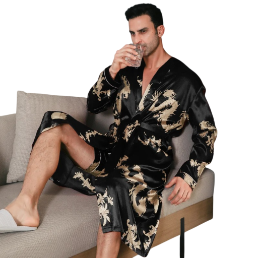 Pijamale pentru bărbați, halat lung cu cordon, model dragon, poliester, elastan, îmbrăcăminte confortabilă pentru acasă, pentru somn și relaxare