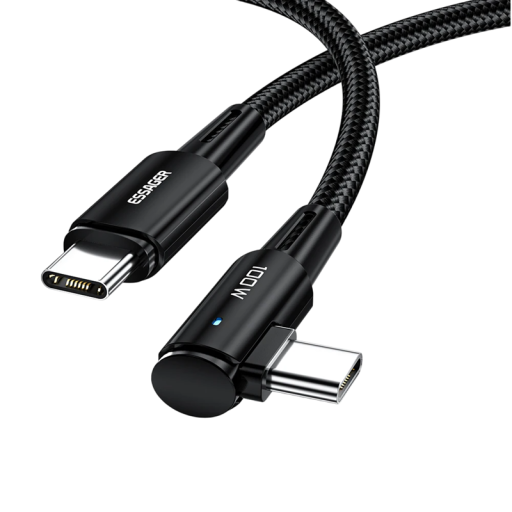 Pikalatauskaapeli USB-C - USB-C 1 m 100 W:n kyynärpääliitin 90° LED-valo PD QC4.0 -tiedonsiirto 480 Mbps punottu latauskaapeli