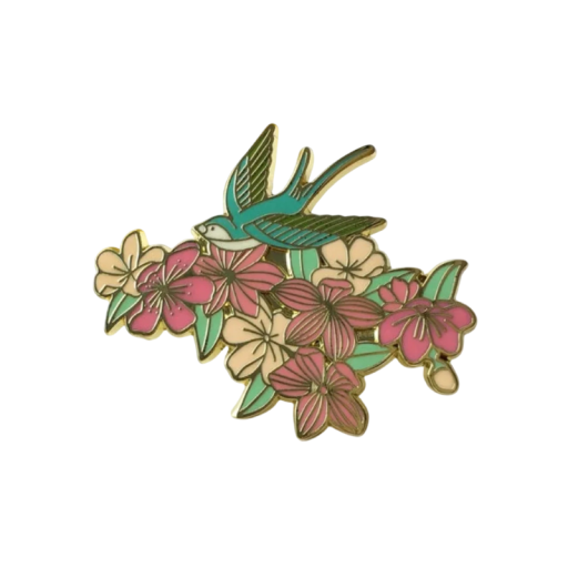 Pin emailat cu pasăre și flori broșă botanică roz bej verde insignă metalică motiv natural accesoriu pentru rucsac rever