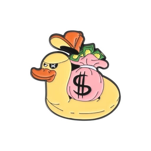 Pin esmaltado de patito con bolsa de dinero aproximadamente 3,3 × 3,3 cm broche metálico amarillo rosa verde insignia para ropa solapa mochila