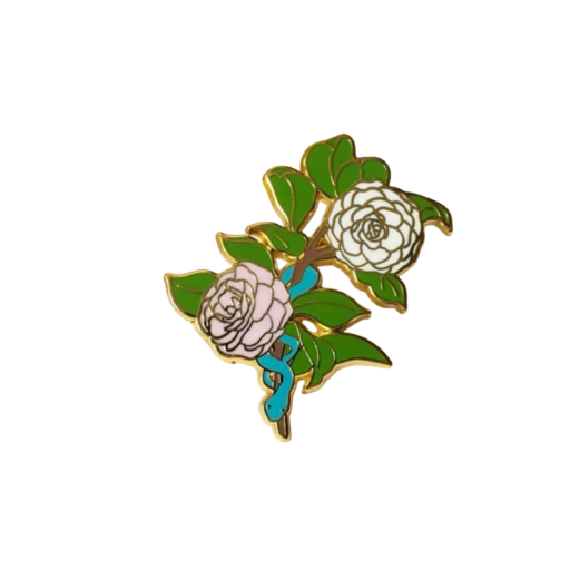 Pin smaltato con fiori, foglie e serpente, spilla botanica bianca verde blu, distintivo metallico, motivo naturale, accessorio per zaino e risvolto