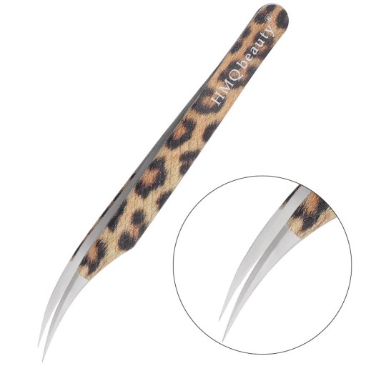 Pinça curvada para pestanas com pontas finas e pontiagudas Antiestática em aço inoxidável alta precisão Padrão de leopardo Para extensão de pestanas artificiais