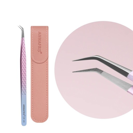 Pinça para pestanas com ponta angular 142 mm Corpo longo Aço inoxidável Pontas em fibra Relevo antiderrapante Para técnicas de volume e preenchimento