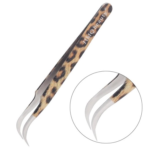 Pinça para pestanas com pontas fortemente curvadas Alta precisão antistática em aço inoxidável Padrão de leopardo Para separação e isolamento de pestanas artificiais