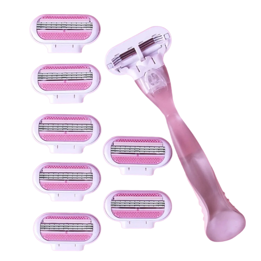Pink barberkniv til kvinder med otte udskiftningshoveder. Damebarberkniv til ansigt, arme, ben, armhuler og bikinilinje. Hårfjerning til kvinder.