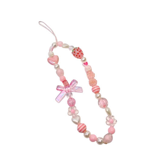 Pink Beaded Phone Chain with Strawberry and Bow Decorative Strap for Mobile Anti-Loss Keyring Handbag