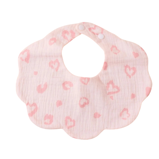 Pink Children's Bib with Hearts for Toddlers Ruffled Edge Size 28 x 24 cm Clothing Protection During Meals Snap Fastening at the Neck