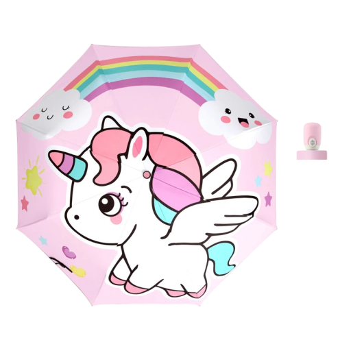 Pink Folding Umbrella with Unicorn and Rainbow Children's Lightweight Umbrella Against Rain Compact Travel Umbrella for School and Nursery