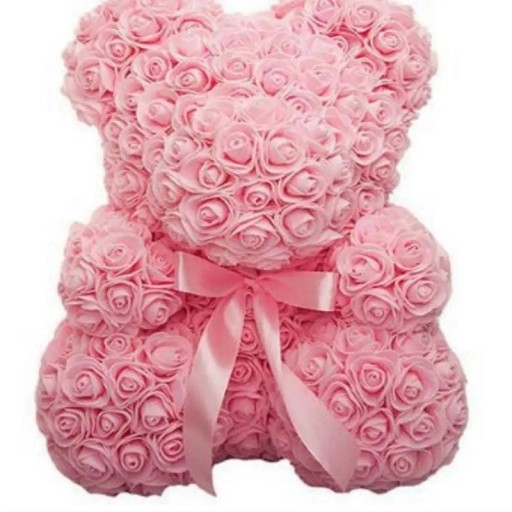 Pink Teddy Bear with Pink Ribbon Made of Artificial Roses Handmade Decoration Valentine's Gift Romantic Floral Figurine Luxury Interior Ornament 25 cm