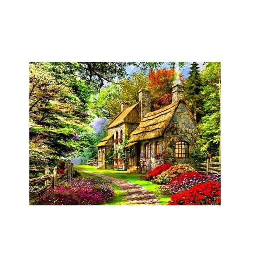 Pintura de diamante 5D DIY, 30 x 40 cm, piedra y paja, bosque, casa, jardín de flores, diamantes de imitación redondos, punto de cruz, bordado