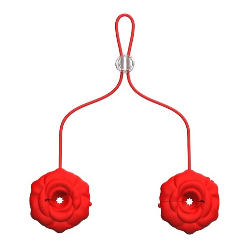 Pinzas para pezones vibrantes con forma de flor roja, control mediante aplicación móvil y embalaje discreto.