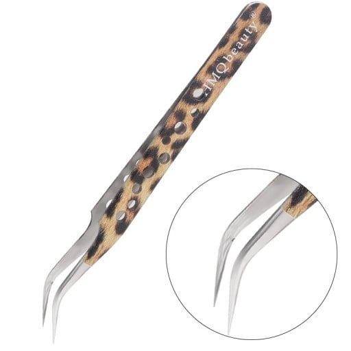 Pinzetă curbată pentru gene Mâner perforat și vârfuri precise Oțel inoxidabil antistatic Model leopard Pentru extensia genelor false