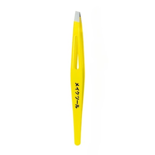 Pinzeta do brwi Z pochyloným hrotem Długość 10 cm Stal nierdzewna Wycięty otwór w ramieniu Matowy lak Żółty Do stylizacji brwi i usuwania włosków