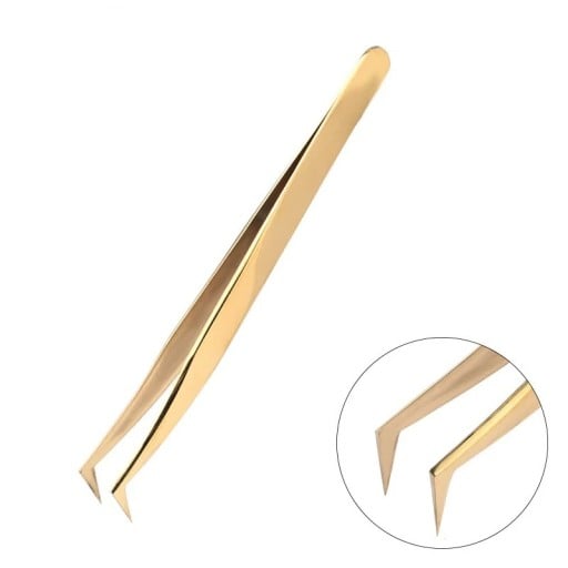 Pinzeta na řasy Hroty ve tvaru L Ostrý ohyb Nerezová ocel Protiskluzové zakřivené tělo Zlatá Na tvorbu objemových trsů i nail art