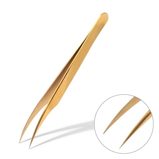 Pinzeta na řasy Rovné špičaté hroty Nerezová ocel Protiskluzový povrch Zúžená ramena Zlatá Na prodlužování řas i nail art