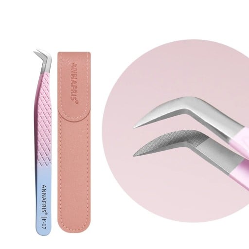 Pinzeta na řasy s hákovitě zahnutým hrotem 118 mm Nerezová ocel Vláknová špička Protiskluzový vzor Na nabírání a usazení vějířků