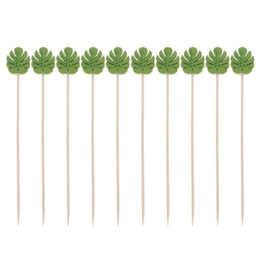 Piques en bambou avec feuille tropicale verte 100 pcs Piques décoratifs pour amuse-bouches et fruits Longueur 12,5 cm Pour les fêtes d'été