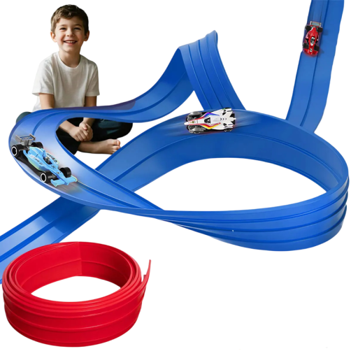 Pista da corsa flessibile per bambini 5m con ventose 4 macchinine in colore casuale Giocattolo interattivo per bambini