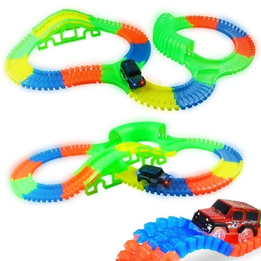 Piste de course à assembler lumineuse dans l'obscurité avec voiture Ensemble de piste de course avec voiture Piste de course flexible et pliable avec 150 pièces