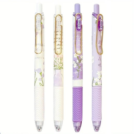 Pix cu gel 0,5 mm, 4 buc, pix retractabil drăguț cu model floral, vârf fin, scriere netedă, uscare rapidă, cerneală neagră, papetărie