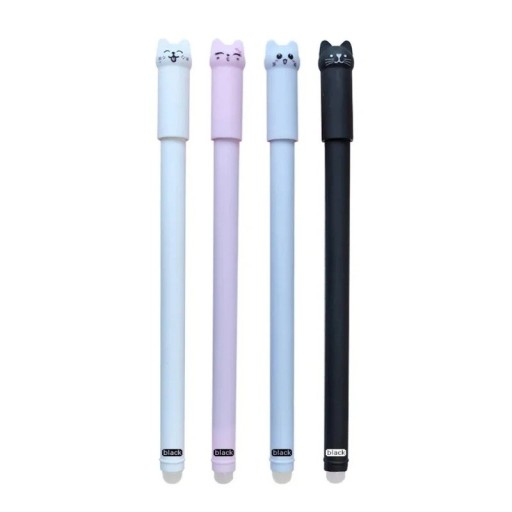 Pix cu gel pentru pisici, 4 buc., 0,5 mm, radieră magică cu cerneală neagră, mâner lavabil, rechizite de scriere creativă pentru școală