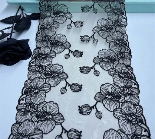 Pizzo ricamato in rete 21 x 91 cm Pizzo in poliestere nero con motivo floreale Tessuto decorativo per cucire abbigliamento decorazioni matrimonio DIY