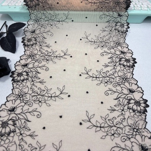 Pizzo ricamato in rete 26 x 91 cm Pizzo in poliestere nero con motivo floreale Tessuto decorativo per cucire abbigliamento decorazioni nozze DIY