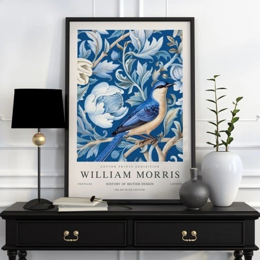 Placa com pássaro e motivo botânico William Morris 40x60 cm tela de poliéster azul e branca decoração de parede para interiores