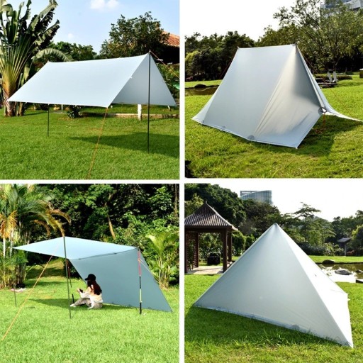 Placa de camping ultraligera tarp impermeable tamaño 5 x 3 m de nylon recubierto de silicona gris como tienda para 3 a 4 personas en el camping