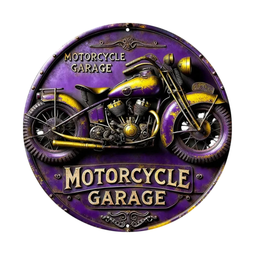 Placă metalică rotundă 2D Decor vintage din aluminiu Varianta violet cu elemente galbene Motiv motociclist Retro placă de perete