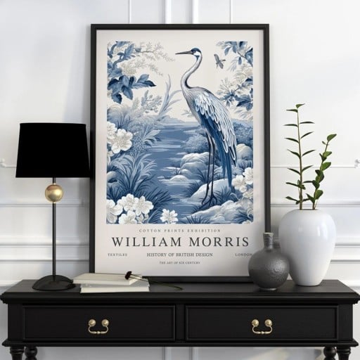 Placa William Morris com garça e motivo botânico 20x30 cm tela de poliéster imagem azul e branca para parede de interior