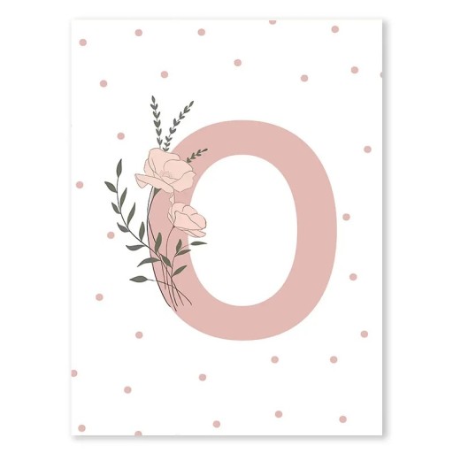Plagát na zeď 21 x 30 cm Ružové písmeno „O“ s kvetinou Plátenný plagát bez rámu Nástenná dekorácia do detskej a dievčenskej izby