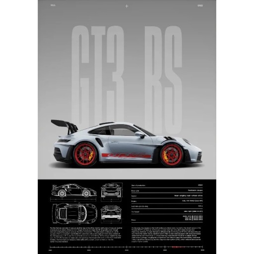 Plakát a falra sportautó GT3 RS 20 x 30 cm vászonnyomtatás szürke piros részletekkel keret nélkül lakberendezéshez