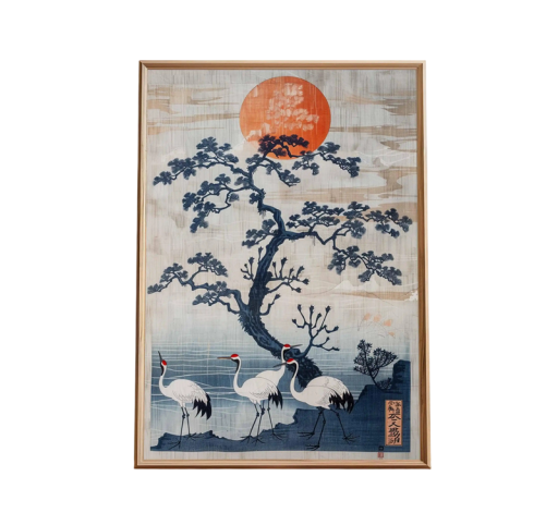 Plakat elegant pentru perete cu cocori, copac și soare, motiv japonez 30 × 40 cm, print pe pânză, bej, albastru, roșu, decor pentru interior fără ramă