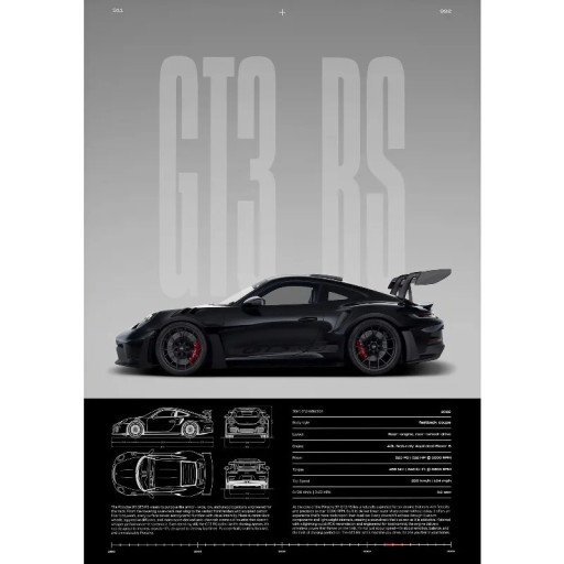 Plakat GT3-RS sportsvogn sideprofil 40 x 60 cm tryk på lærred sort bil uden ramme vægdekoration til hjemmet