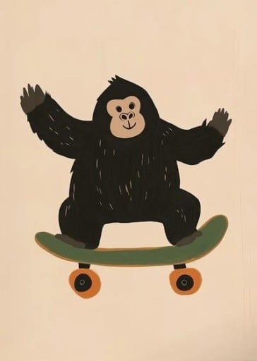 Plakat ilustrat pentru copii 30 x 42 cm Maimuță pe skateboard Print pe pânză Imagine verticală pentru perete fără ramă Decorațiune pentru camera
