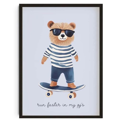 Plakat med bjørn på skateboard 50 x 70 cm tryk på lærred blåt baggrund vægdekoration til børneværelset uden ramme
