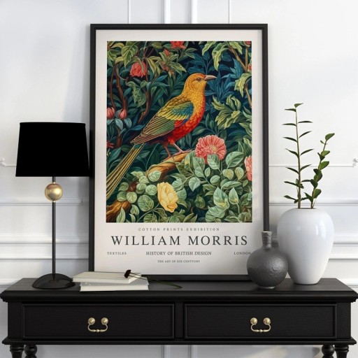 Plakat med botanisk motiv af fugl William Morris 20x30 cm polyester lærred grøn rød gul vægdekoration til indretning