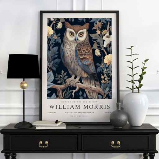 Plakat med botanisk motiv af ugle William Morris 20x30 cm polyester lærred blå brun beige vægdekoration til indretning
