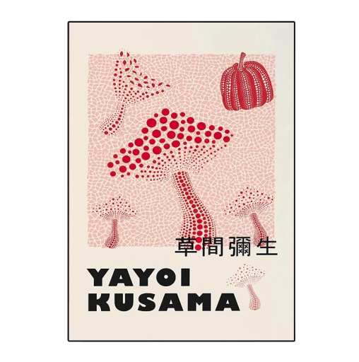 Plakat med tečkovede svampe i Yayoi Kusama stil 30 × 45 cm tryk på lærred blødt plakat rød og beige nuancer uden ramme