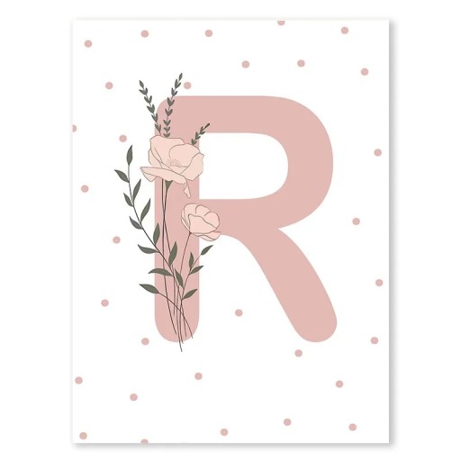 Plakát na stěnu 30 x 40 cm Minimalistické růžové písmeno „R“ s květinou Plátěný nástěnný plakát bez rámu Dekorace do dívčího pokoje